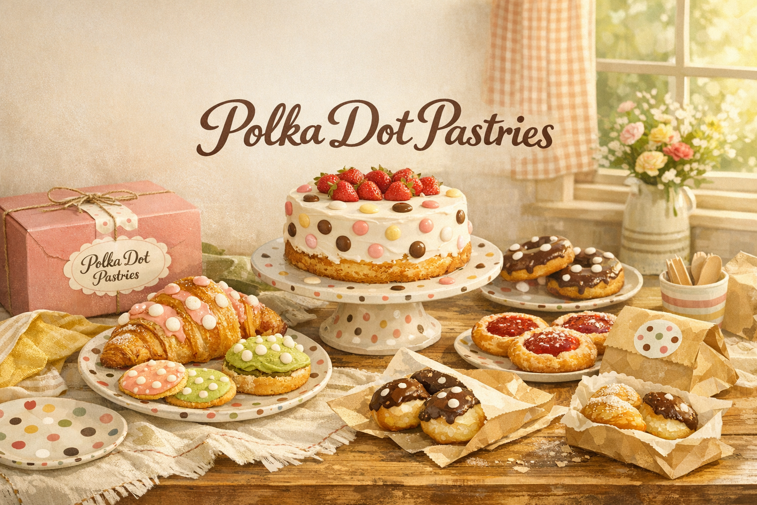 Vintage home bakery table by a window with floral curtains and polka dot pastries